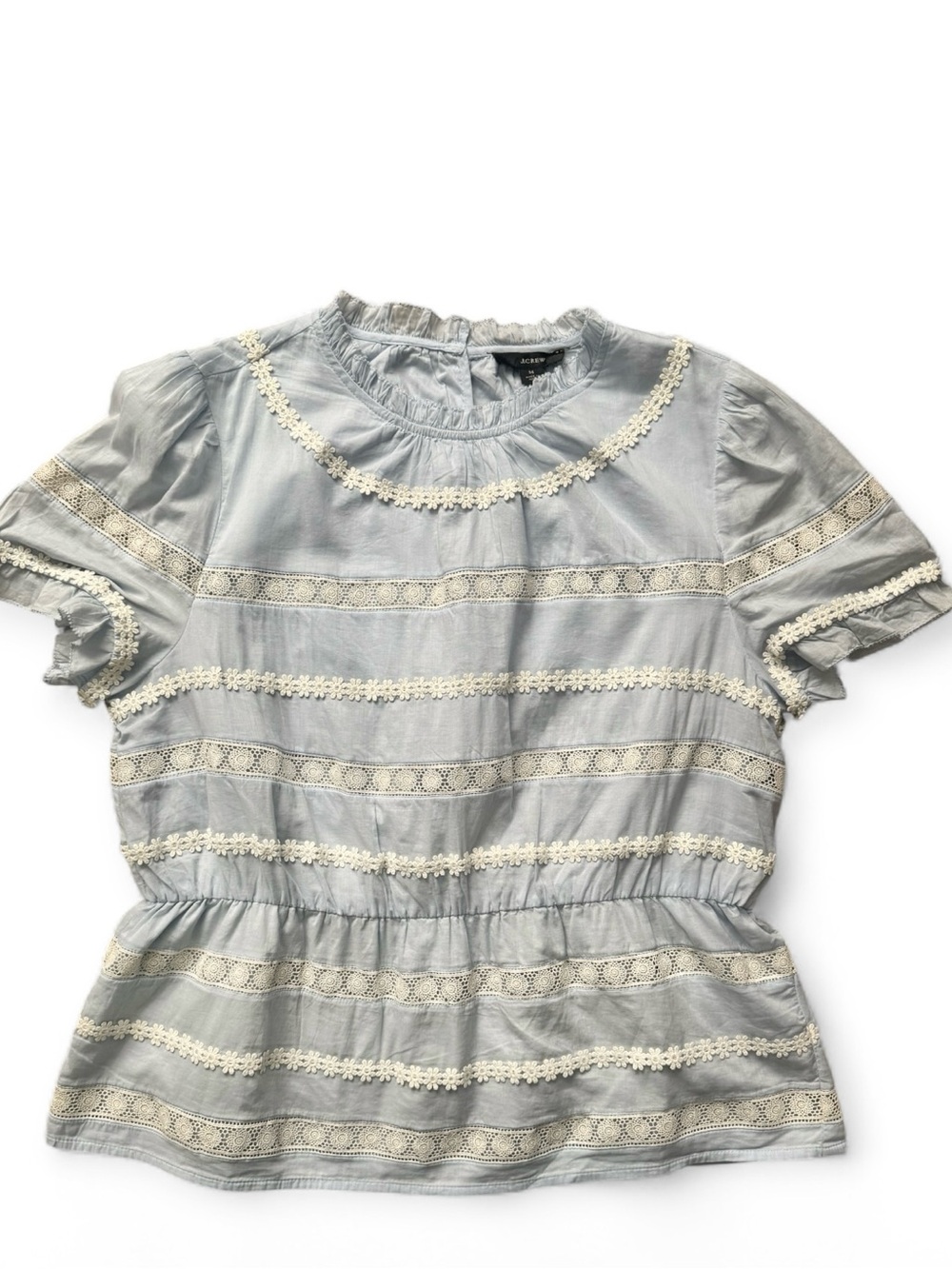 J.Crew Blue Lace Trim Peplum Blouse Short Sleeve Top Size M - Picture 2 of 4